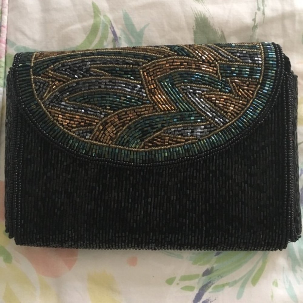 Talbots black green and gold beaded clutch purse
